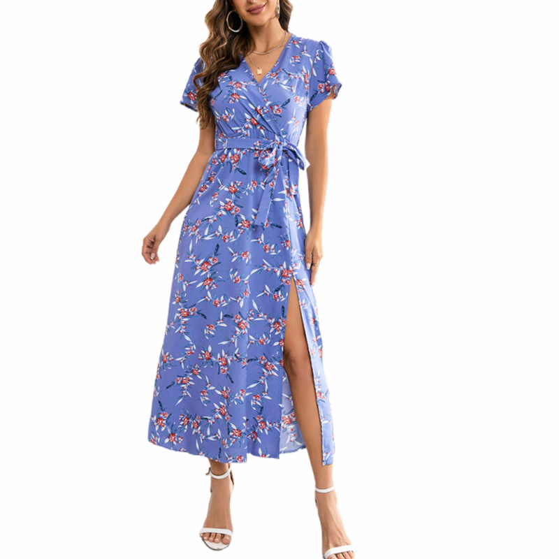 Blue Floral Maxi Dress | Wrap V Neck