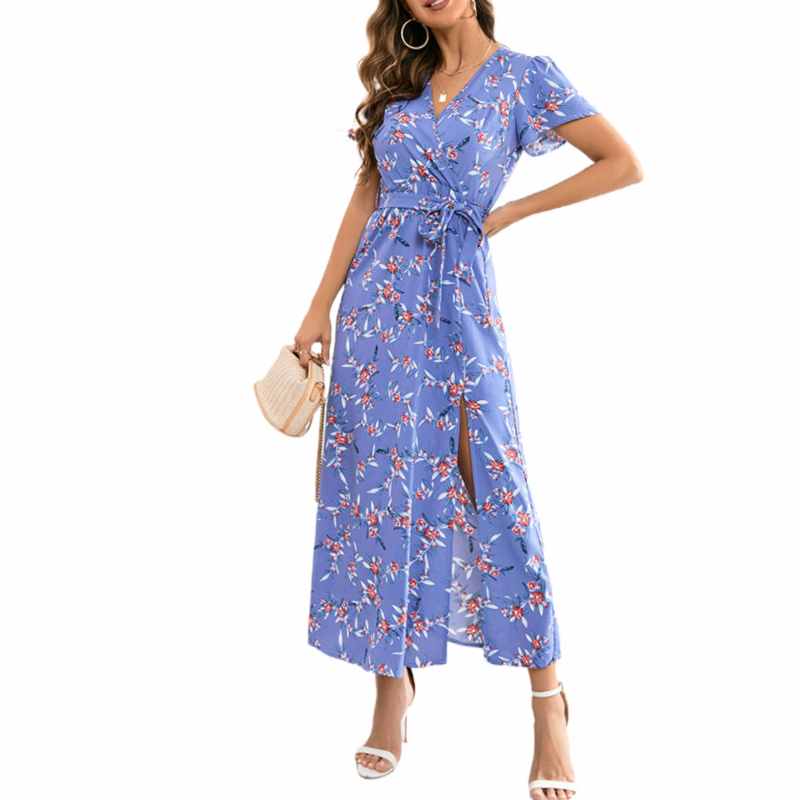 Blue Floral Maxi Dress | Wrap V Neck