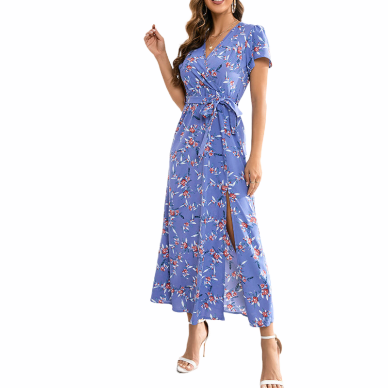 Blue Floral Maxi Dress | Wrap V Neck