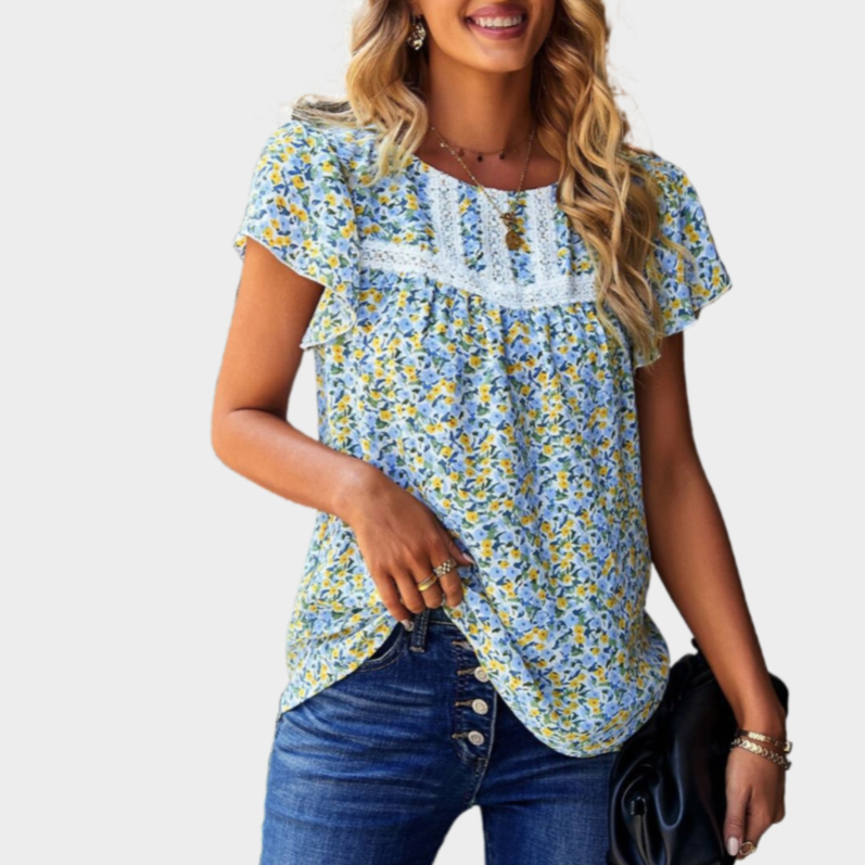 Floral Blue Top with Ruffle Short Sleeve