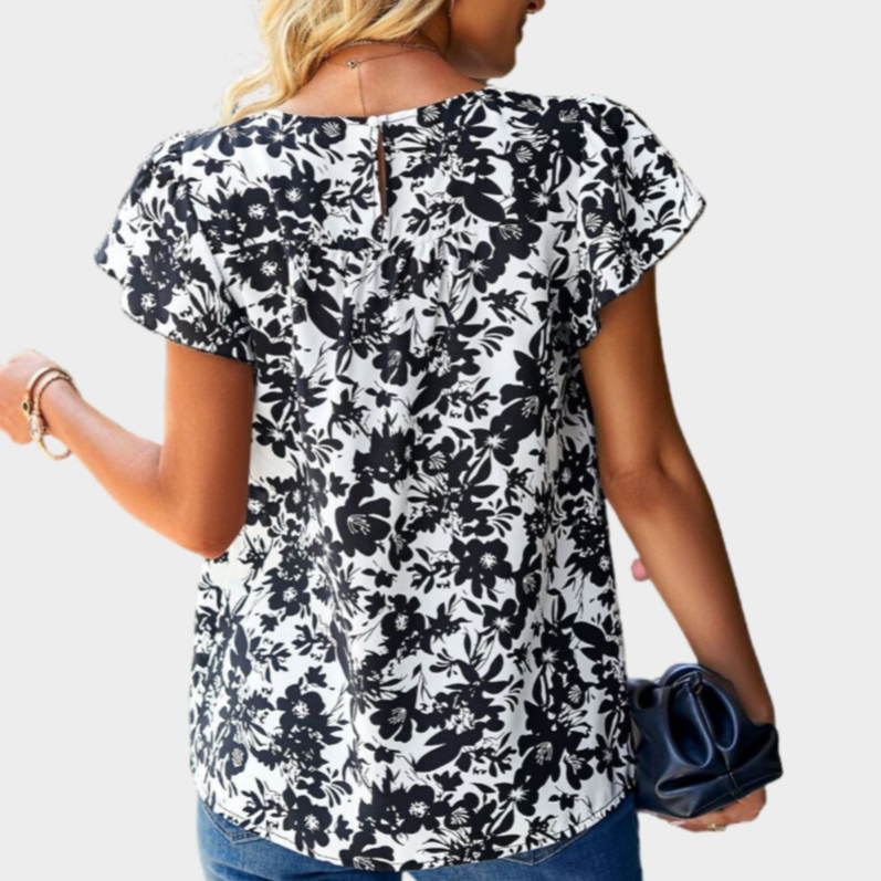 Floral Printed Black Blouse Short Sleeve