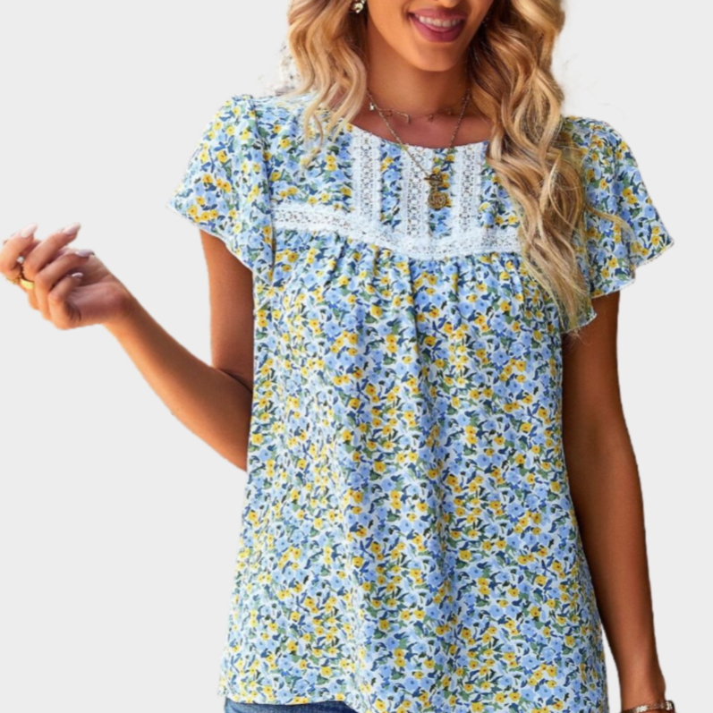 Floral Blue Top with Ruffle Short Sleeve