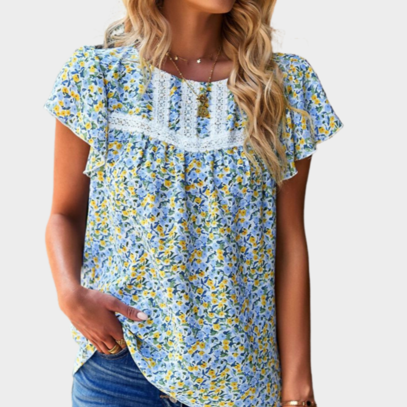 Floral Blue Top with Ruffle Short Sleeve