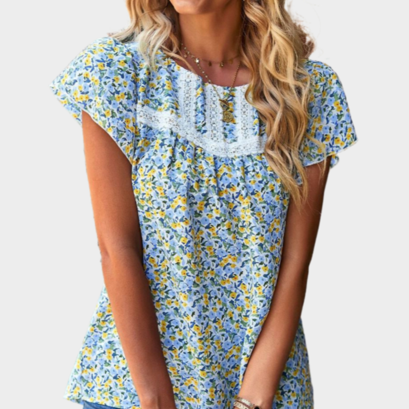 Floral Blue Top with Ruffle Short Sleeve
