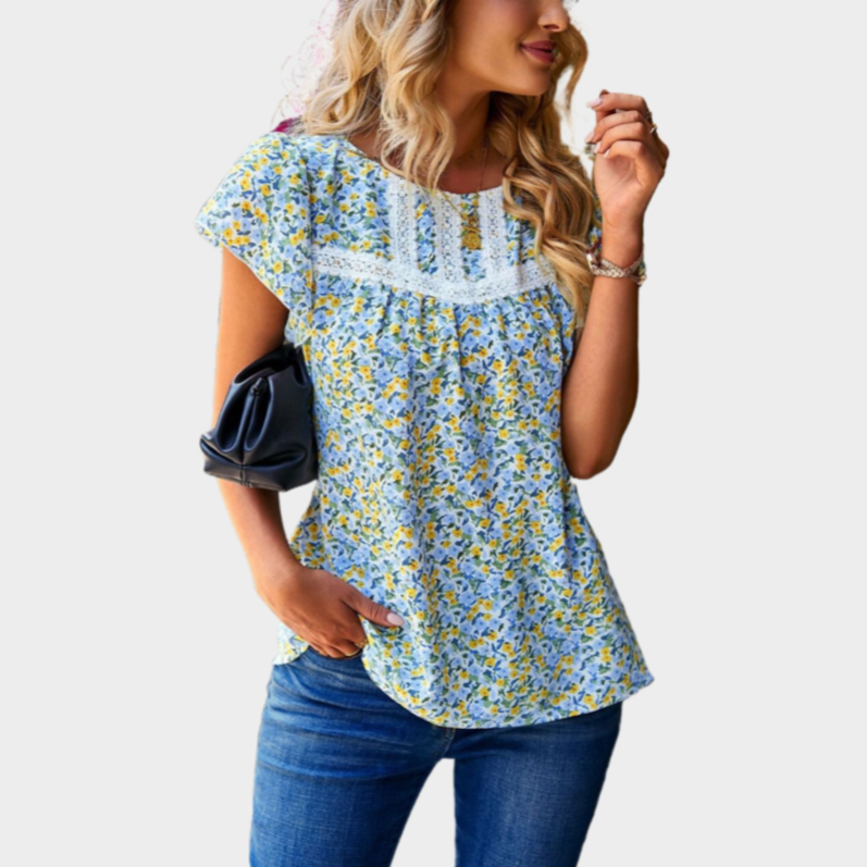 Floral Blue Top with Ruffle Short Sleeve