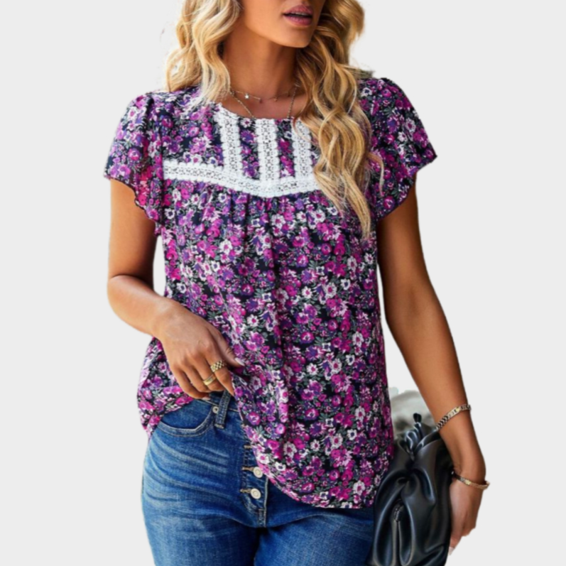 Floral Printed Black Blouse Short Sleeve