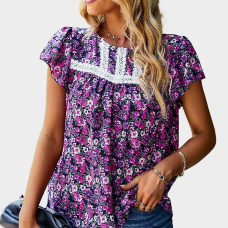Floral Printed Black Blouse Short Sleeve