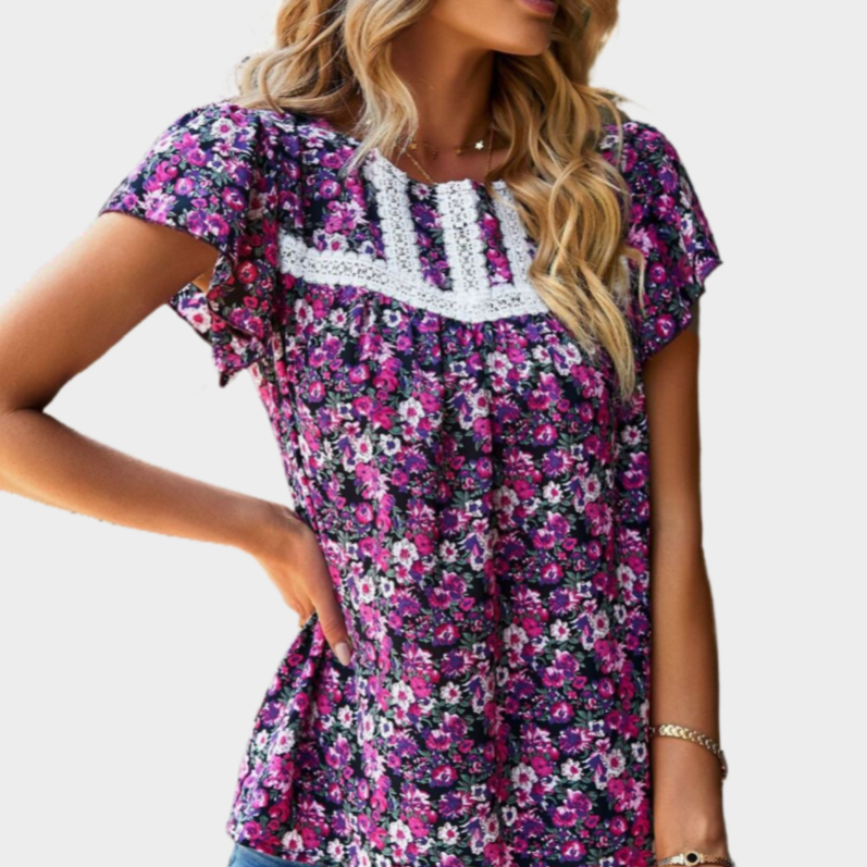 Floral Printed Black Blouse Short Sleeve