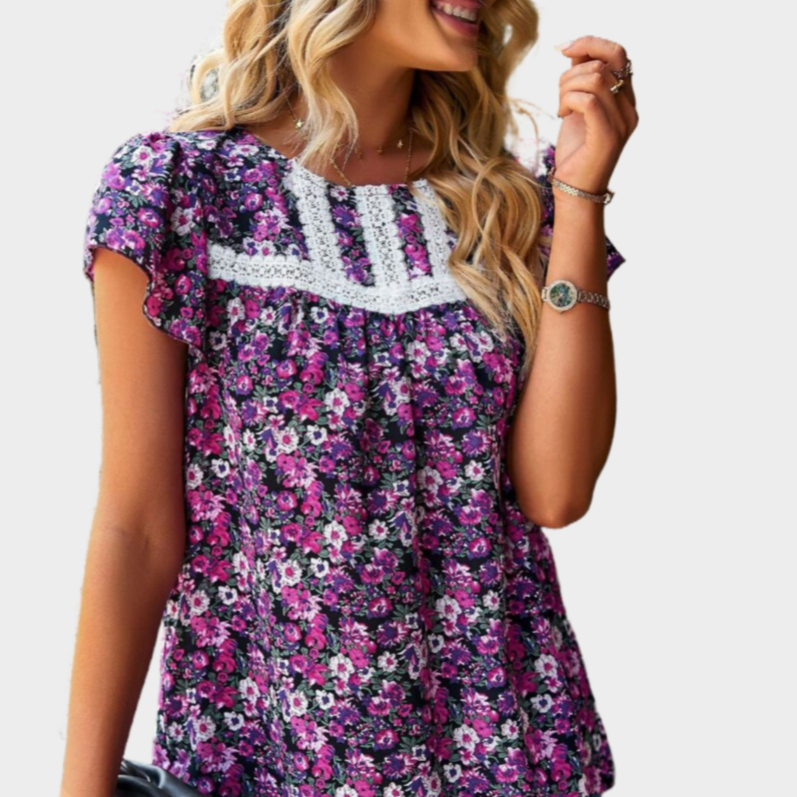 Floral Printed Black Blouse Short Sleeve