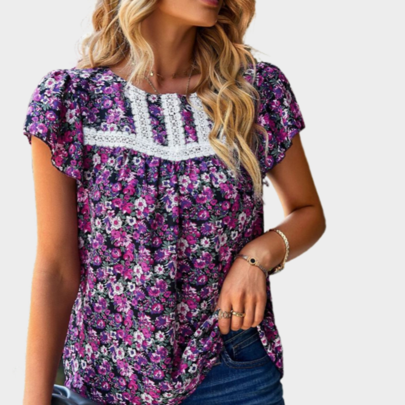Floral Printed Black Blouse Short Sleeve