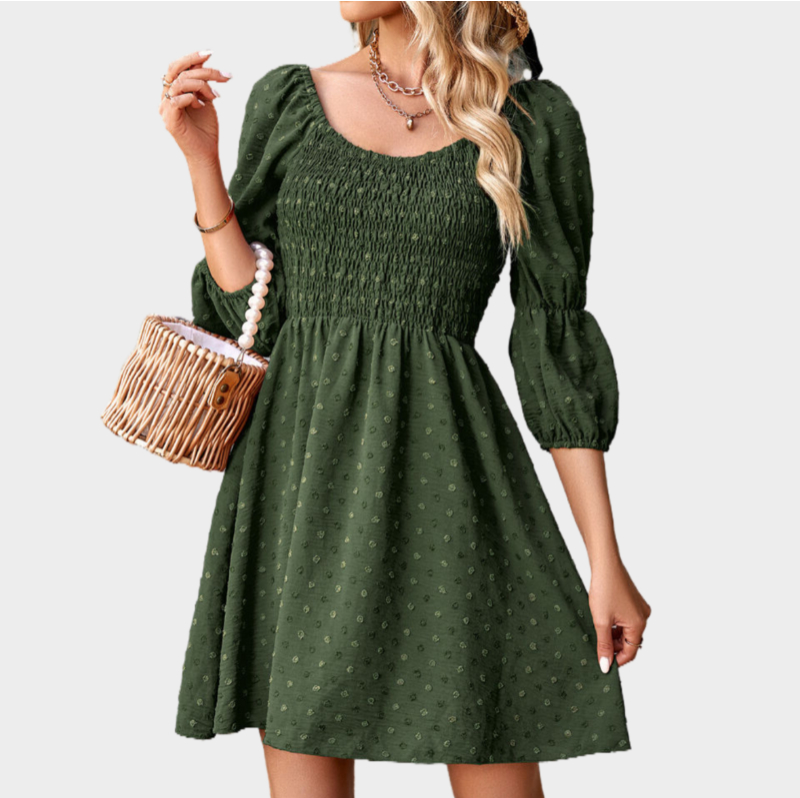 A Line Dresses Puff Sleeve Square Neck Green Dress