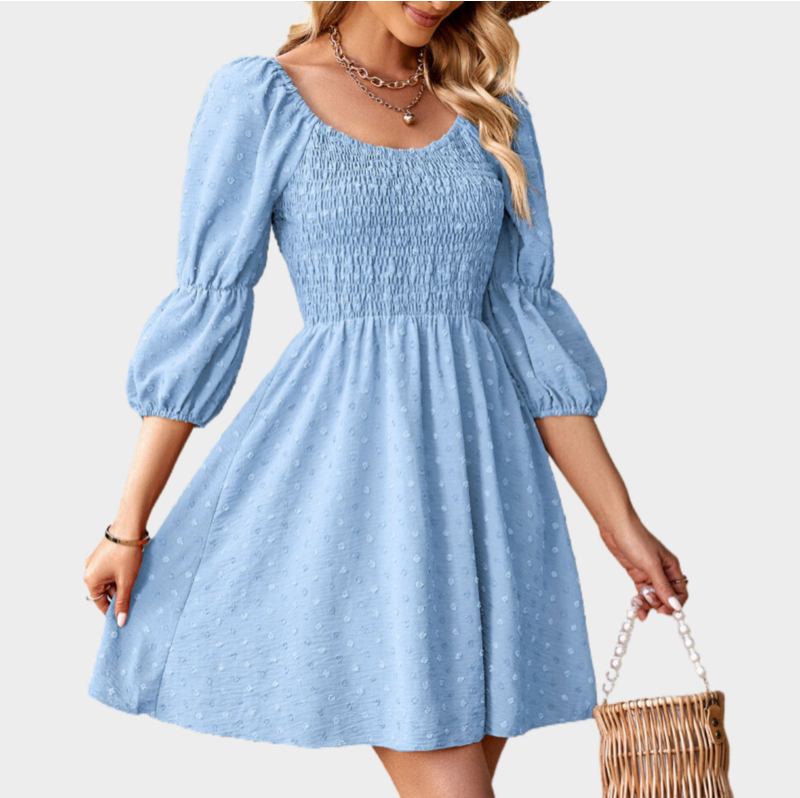 A Line Dresses Puff Sleeve Square Neck Blue Dress
