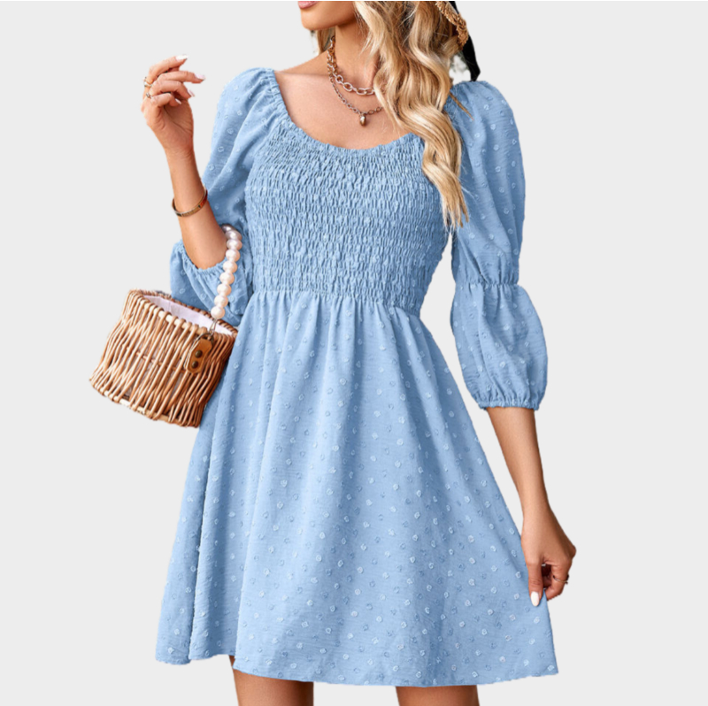 A Line Dresses Puff Sleeve Square Neck Blue Dress