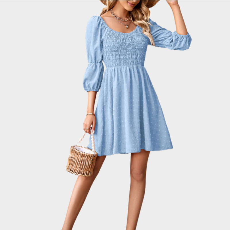 A Line Dresses Puff Sleeve Square Neck Blue Dress