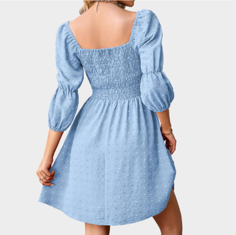 A Line Dresses Puff Sleeve Square Neck Blue Dress