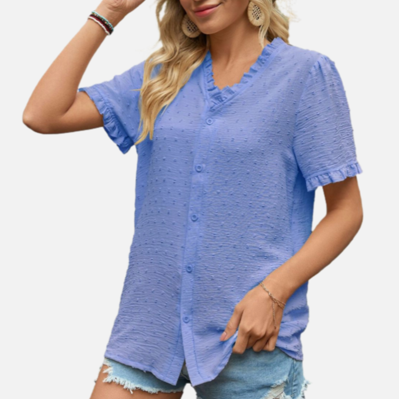 Blue Chiffon Button Up Blouse Short Sleeve Ruffle