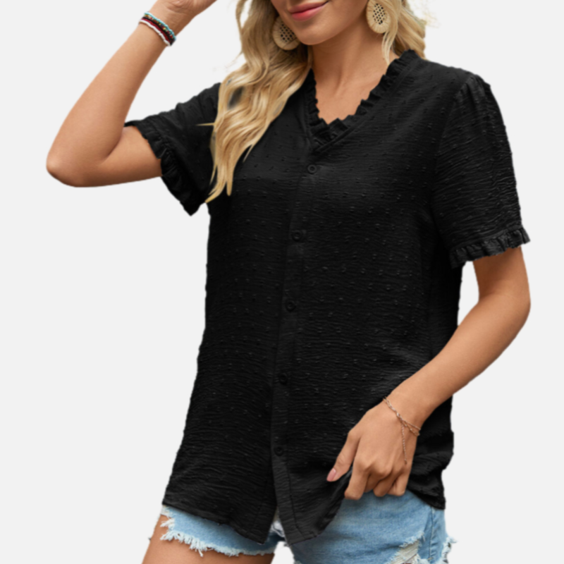 Black Short Sleeve Ruffle Blouse