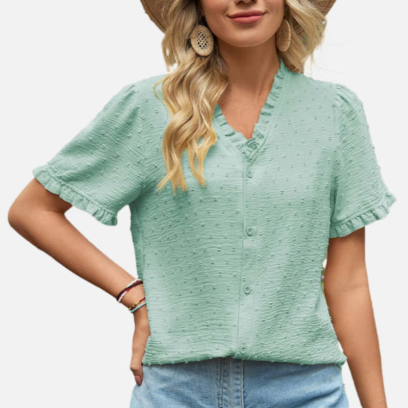 Short Sleeve Ruffle Blouse in Green