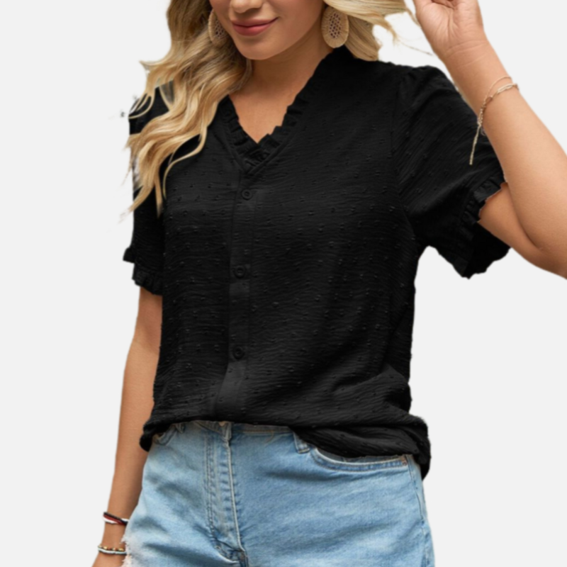 Black Short Sleeve Ruffle Blouse