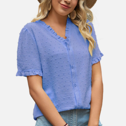 Blue Chiffon Button Up Blouse Short Sleeve Ruffle