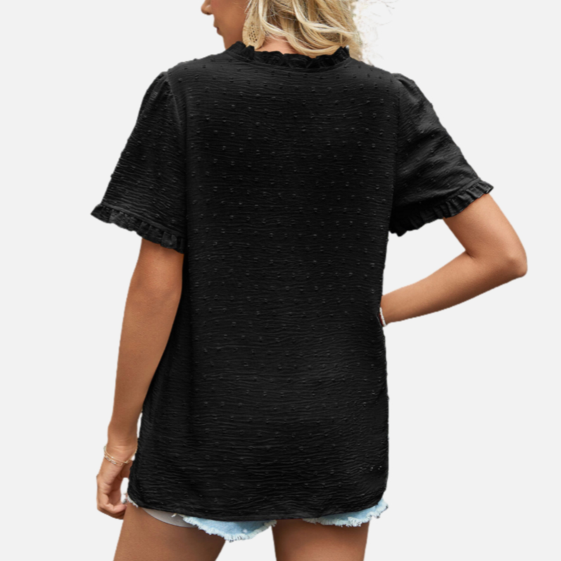 Black Short Sleeve Ruffle Blouse