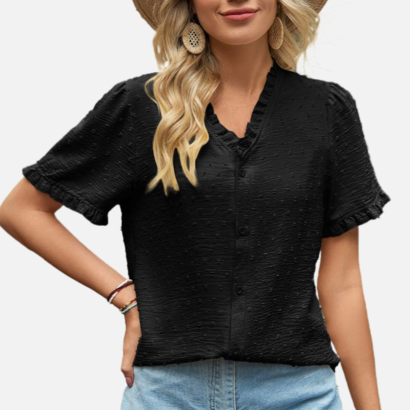 Black Short Sleeve Ruffle Blouse