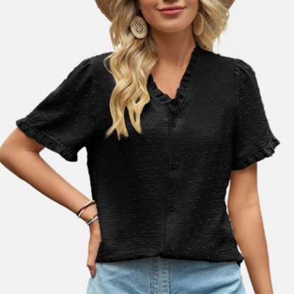 Black Short Sleeve Ruffle Blouse