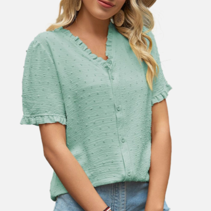 Short Sleeve Ruffle Blouse in Green