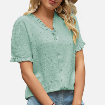 Short Sleeve Ruffle Blouse in Green