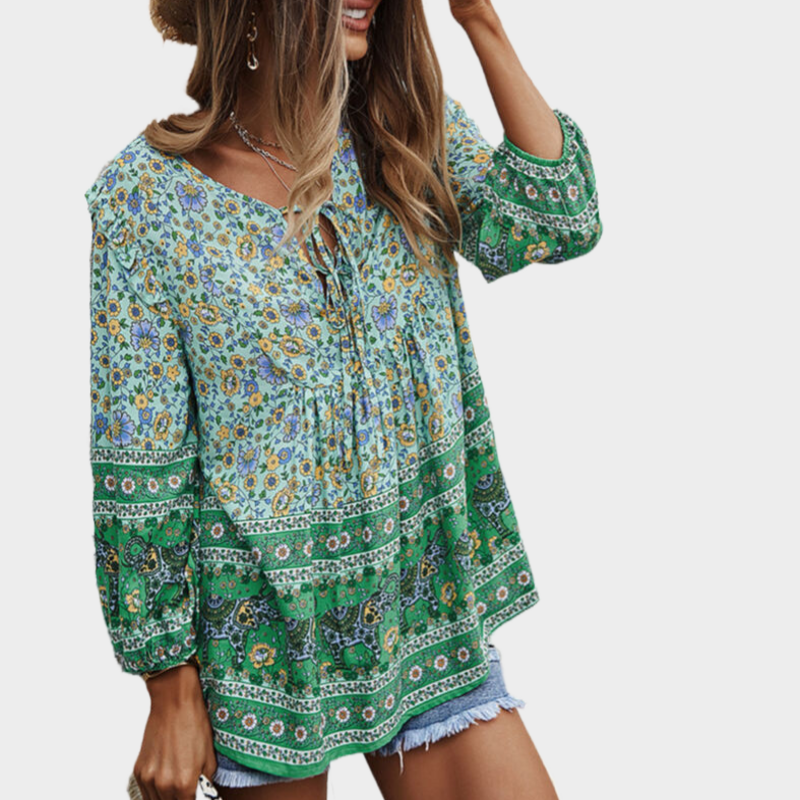 Green Flora Blouse Tie Front Top