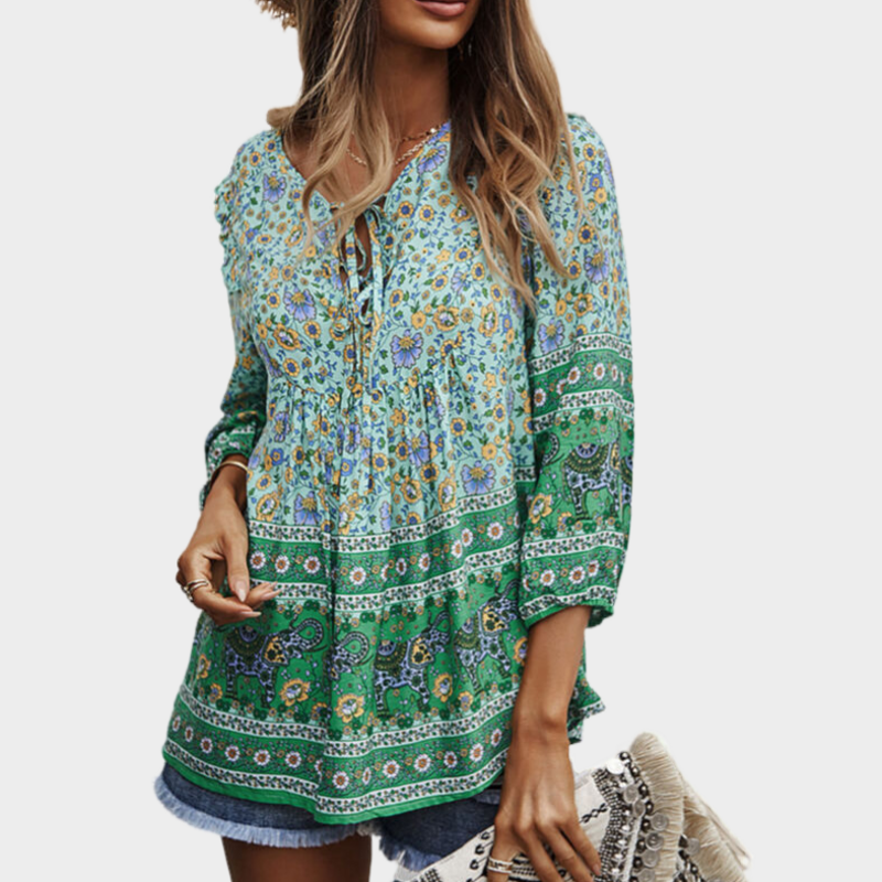 Green Flora Blouse Tie Front Top