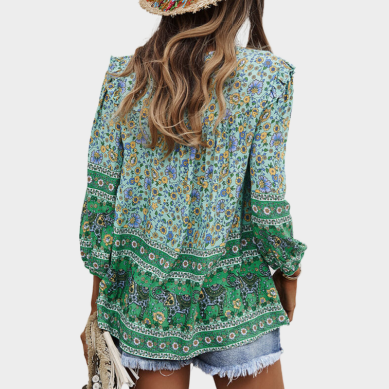 Green Flora Blouse Tie Front Top