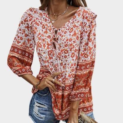 Flora Tie Front Top with 3/4 Sleeve
