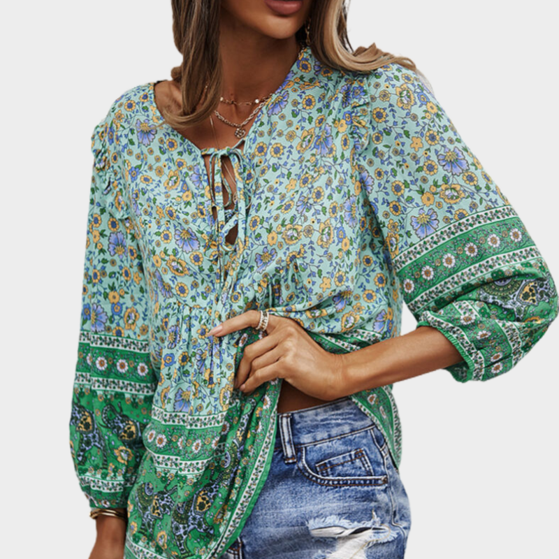 Green Flora Blouse Tie Front Top
