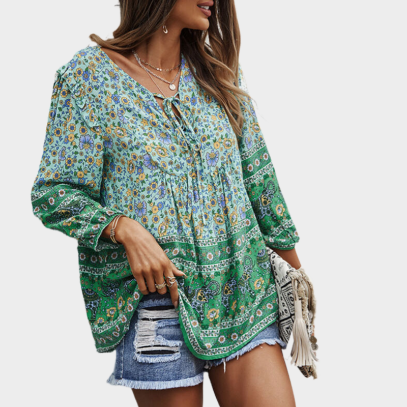 Green Flora Blouse Tie Front Top