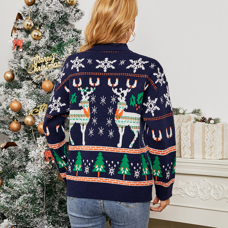 Ugly Christmas Sweater Long Sleeve Pullover Christmas Tree Print in Navy