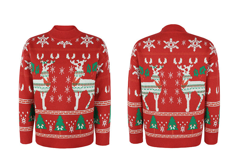Ugly Christmas Sweater Knitted Pullover Red Christmas Elk Deer Print