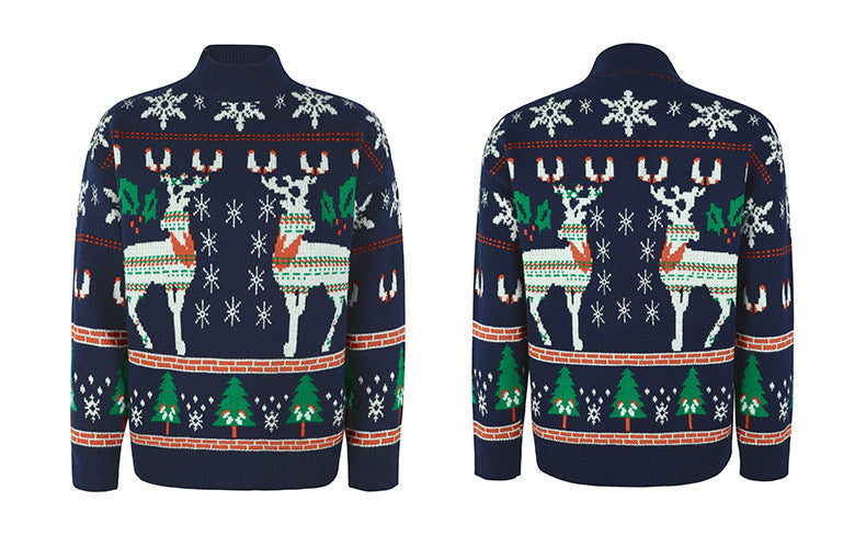 Ugly Christmas Sweater Long Sleeve Pullover Christmas Tree Print in Navy