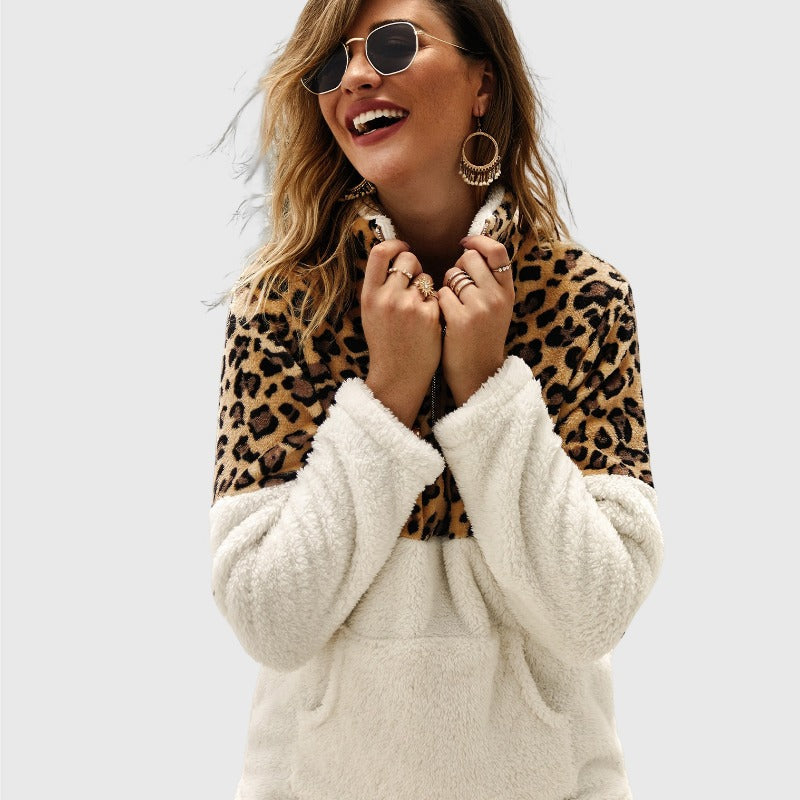 Quarter-Zip Sherpa Pullover Fuzzy Fleece Sweater in White X Leopard