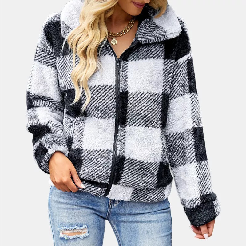Black Checker Sherpa Jacket Full Zip Fluffy Soft Fleece