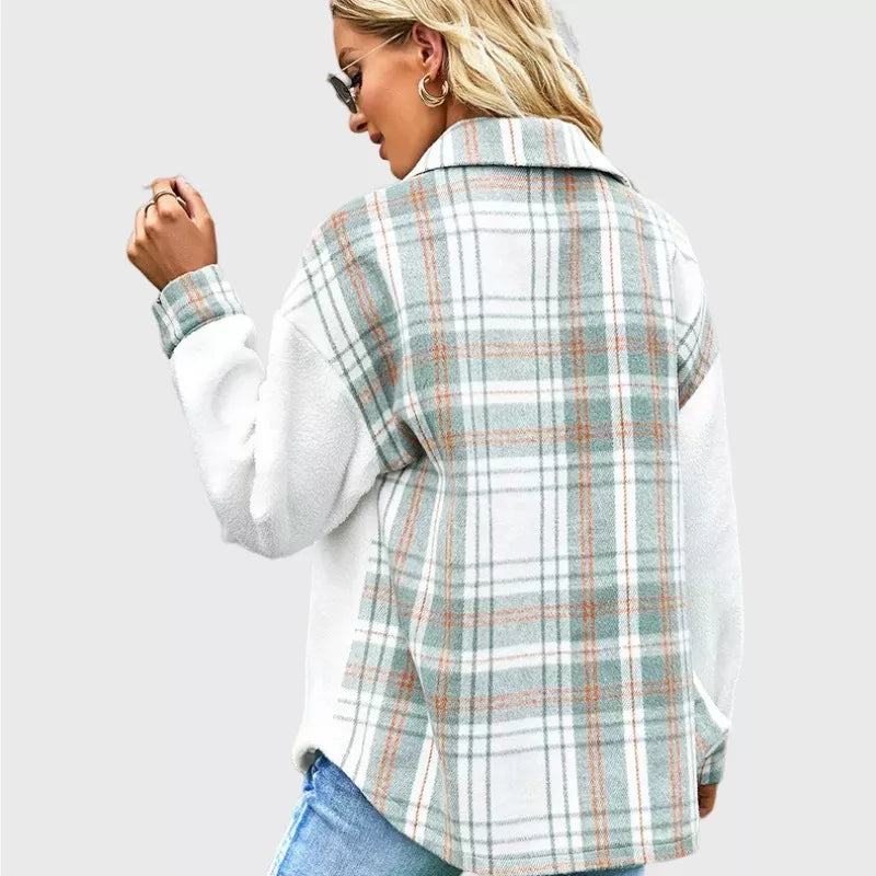 Sherpa Shirt Jacket Green Checker Button Closure Boyfriend Style Warm Fleece