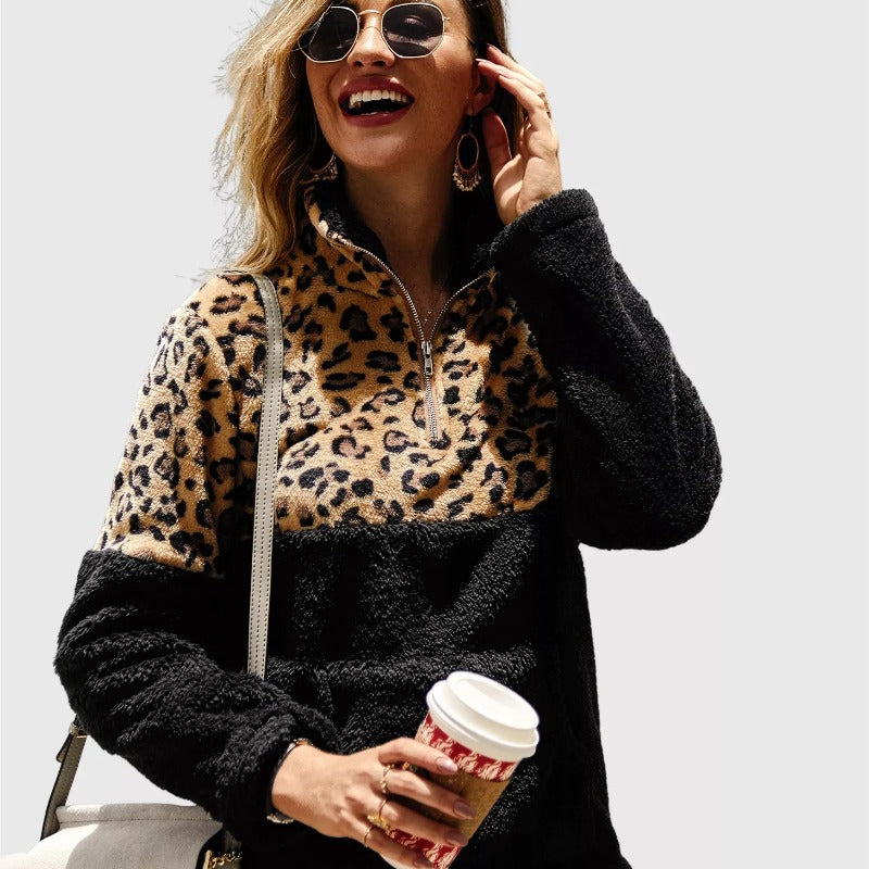 Quarter-Zip Fleece Sherpa Pullover Womens Contrast Color Animal Print