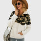 Quarter-Zip Sherpa Pullover Fuzzy Fleece Sweater in White X Leopard