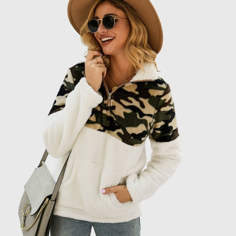 Quarter-Zip Sherpa Pullover Fuzzy Fleece Sweater in White X Leopard
