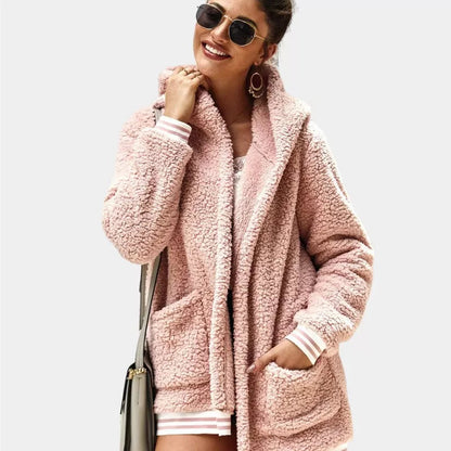 Zip Up Long Sherpa Jacket With Hood Fluffy Fleece in Pink