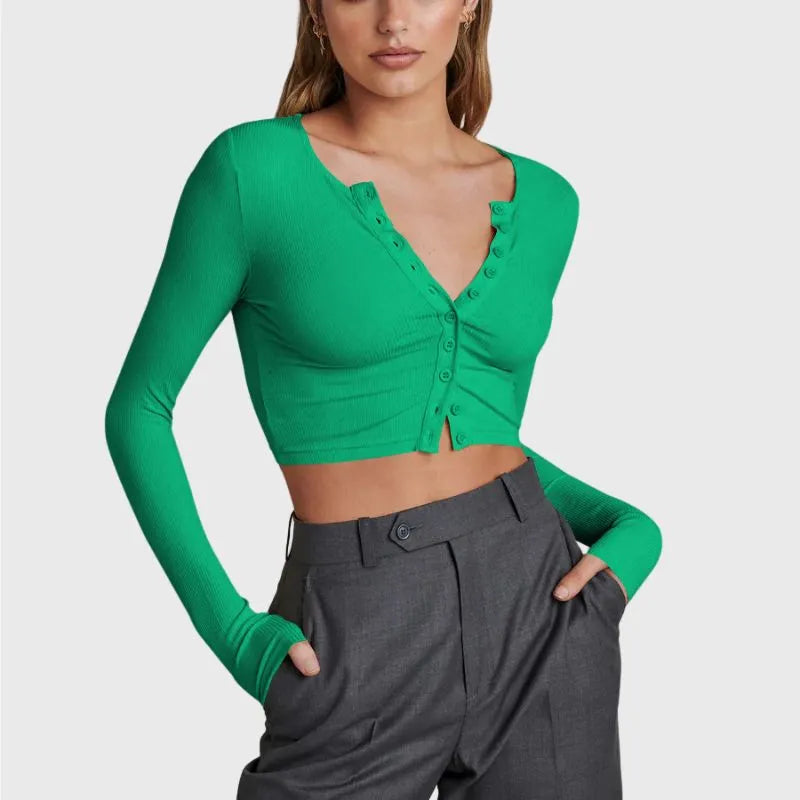Green Button Up Crop Top Long Sleeve