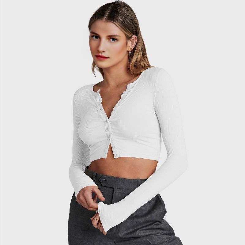 Long Sleeve White T Shirt Crop Top Button Up 