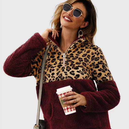 Quarter-Zip Sherpa Pullover Fuzzy Fleece in Burgundy X LeoPard 