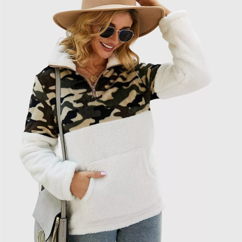 Quarter-Zip Sherpa Pullover Fuzzy Fleece Sweater in White X Leopard