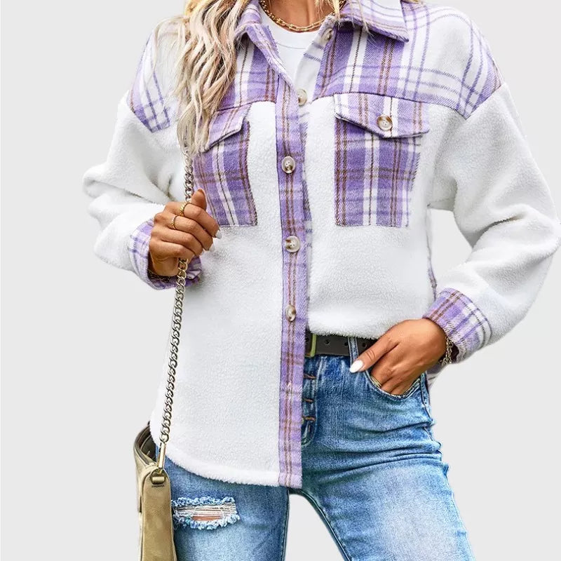 Sherpa Shirt Jacket Purple Checker Button Closure Boyfriend Style Warm Fleece